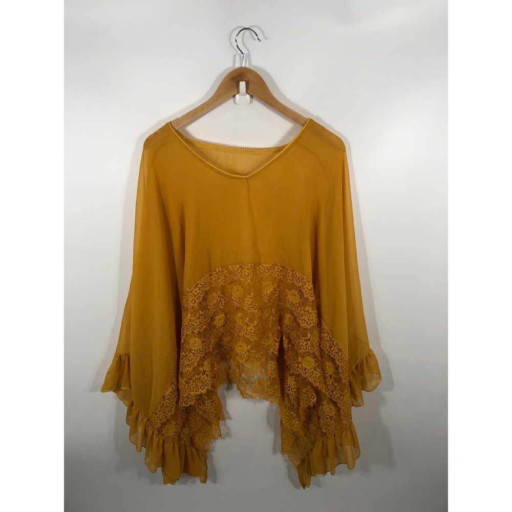 Boho Chic Lace Poncho Women L Yellow Sheer Flowy Oversized Western Rodeo Concert